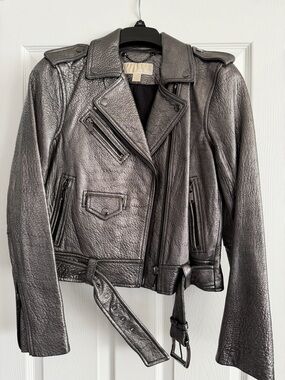 Michael Kors Metallic Gray Leather Moto Jacket with Belt